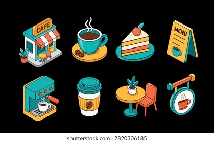 Cafe coffee shop icon set with cup cake menu chair table coffee machine isometric vector illustration