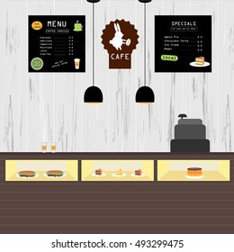 Cafe, coffee shop interior design. Menu and cafe logo on the wall. ?akes, sandwiches. Flat vector illustration.
