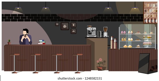 Cafe & Coffee shop , Men read books and sip coffee cup at leisure time. Man relax Flat Vector Illustration