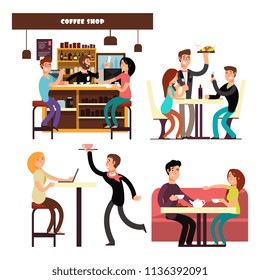 Cafe, coffee shop, restaurant with meeting and drinking coffee people vector. Cartoon character happy people eating, grinking and working in cafe illustration