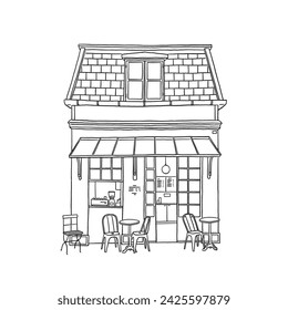 Cafe Coffee shop small building Classic style Hand drawn line art Illustration