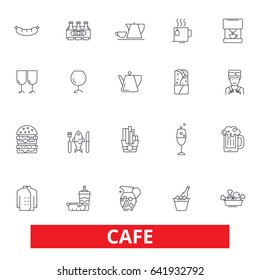 Cafe, coffee shop, street restaurant, cafeteria, lunch, dinner, eating, menu line icons. Editable strokes. Flat design vector illustration symbol concept. Linear signs isolated on white background