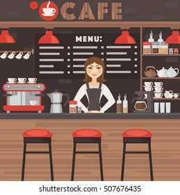 Cafe or coffee shop vector illustration with barrista. Modern bar/restaurant space and furniture: table and chair, coffee machine and cups. Vector illustration isolated on white background.
