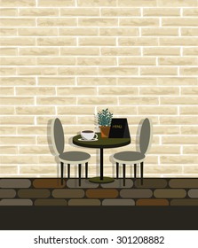 Cafe, Coffee Table on Street with Brick Wall,  Vector 