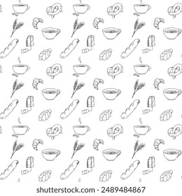 cafe coffee tea bun spikelets lines vector seamless texture