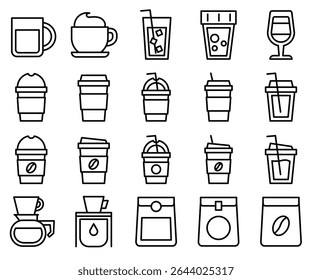 Café café e conjunto de ícones de ferramentas. Estilo da estrutura de tópicos da linha