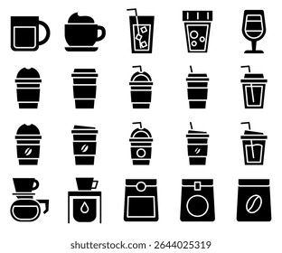 Café café e conjunto de ícones de ferramentas. Estilo sólido