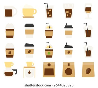Café café e conjunto de ícones de ferramentas. Estilo de cor plana