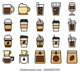 Café café e conjunto de ícones de ferramentas. Estilo da estrutura de tópicos da linha