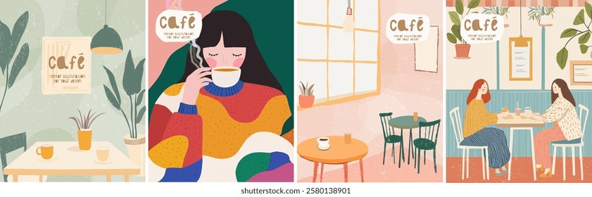 Cafe and coffee. Vector abstract , pastel illustration of dining room interior, table with chairs, furniture, girlfriends at a meeting, cute girl for poster or background