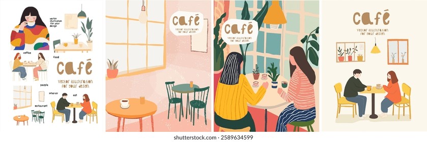 Cafe and coffee. Vector abstract, pastel illustration of dining room interior, table with chairs, furniture, girlfriends on a meeting, couple in a restaurant for a poster or background