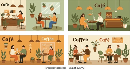 Cafe and coffee. Vector abstract , pastel illustration of dining room interior, table with chairs, furniture,