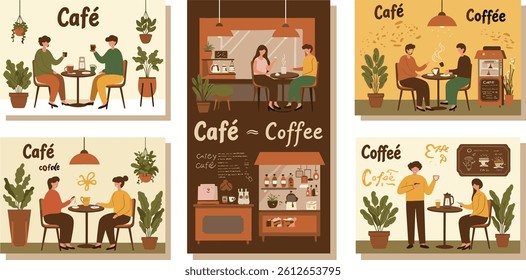 Cafe and coffee. Vector abstract , pastel illustration of dining room interior, table with chairs, furniture,