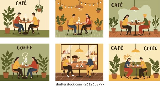 Cafe and coffee. Vector abstract , pastel illustration of dining room interior, table with chairs, furniture,