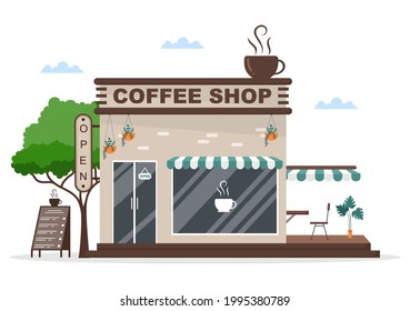 Cafe or Coffeehouse Illustration With Open Board, Tree, And Building Shop Exterior. Flat Design Concept