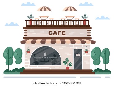 Cafe or Coffeehouse Illustration With Open Board, Tree, And Building Shop Exterior. Flat Design Concept