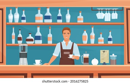 Cafe, coffeeshop bar or restaurant business with barista staff vector illustration. Cartoon hipster character in apron holding coffee cup, standing in vintage bar interior with alcohol on wood shelves