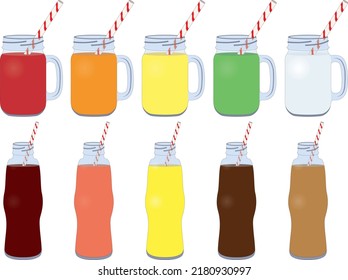 Cafe cold drinks collection served in glass jars vector illustration