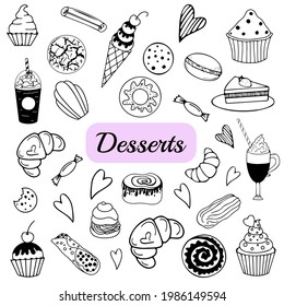 Cafe collection hand drawn doodle elements. sweets and candies set. Vector illustration for backgrounds, web design, design elements, textile prints, covers, posters, menu