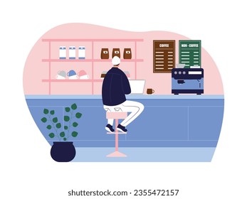 The cafe is comfortable for working, the atmosphere is calm and the place is neat, coffee shop vector illustration.