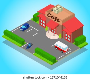 Cafe concept banner. Isometric banner of cafe vector concept for web, giftcard and postcard
