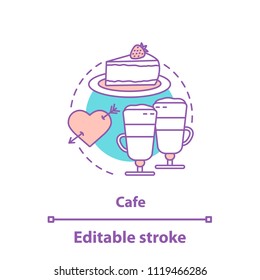 Cafe concept icon. First date idea thin line illustration. Coffee house. Latte macchiato and cheesecake. Vector isolated outline drawing. Editable stroke