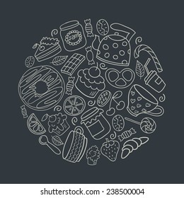 Cafe concept made in vector. Cute poster design. Hand drawn illustration. Donut, teapot, cupcake, jam and other sweets.