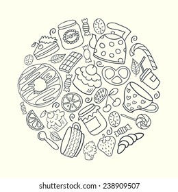 Cafe concept made in vector. Cute poster design. Hand drawn illustration. Donut, teapot, cupcake, jam and other sweets.
