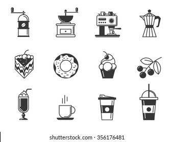 Cafe and confectionery icon set of coffee and pastries. Sweet baked goods, desserts and coffee. Vector illustration for your design