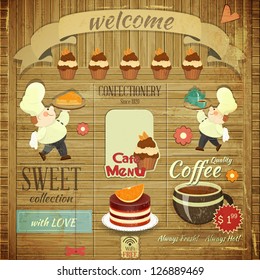 Cafe Confectionery Menu Card in Retro style - Cooks brought  Dessert on Wooden Grunge Background - Vector illustration