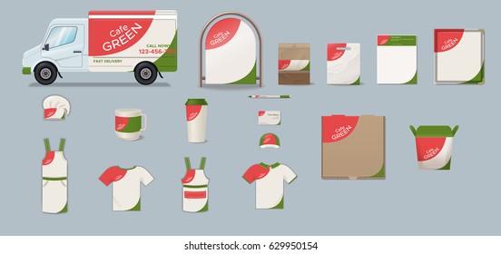 Cafe corporate identity collection with delivery truck signboard tray menu packages pen business card cups clothes isolated vector illustration