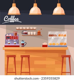 Cafe counter cartoon interior. Coffee shop background. Vector illustration