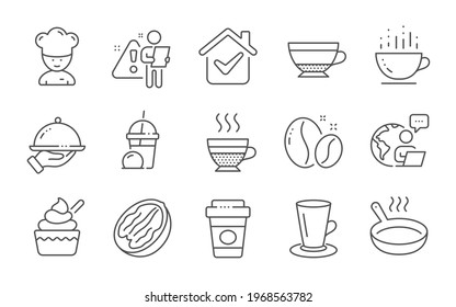 Cafe creme, Dry cappuccino and Cooking chef line icons set. Ice cream, Teacup and Takeaway coffee signs. Frying pan, Restaurant food and Coffee cup symbols. Ice cream milkshake, Pecan nut. Vector