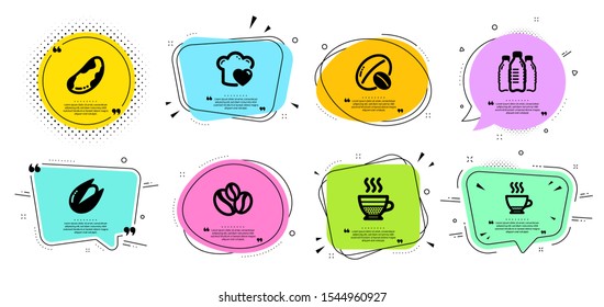 Cafe creme, Pistachio nut and Water bottles line icons set. Chat bubbles with quotes. Coffee-berry beans, Brazil nut and Espresso signs. Love cooking symbol. Hot coffee, Vegetarian food. Vector