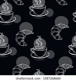 Cafe, croissant, coffee vector seamless pattern on black background. Concept for print, web design, cards , textile, web design 
