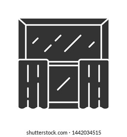 Cafe curtains glyph icon. Kitchen decor. Tiers hanging on cafe curtain rods. Home interior design. Window treatments, coverings. Silhouette symbol. Negative space. Vector isolated illustration