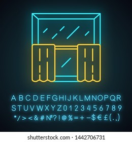 Cafe curtains neon light icon. Tiers hanging on cafe curtain rods. Window treatments, coverings. Glowing sign with alphabet, numbers and symbols. Vector isolated illustration