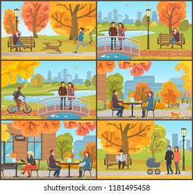 Cafe and customers autumn park, people set vector. Couple on bridge feeding birds, biker on bicycle and boy walking dog on leash. Pensioner with paper