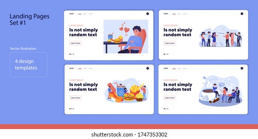 Cafe customers eating fast food and drinking coffee together set. Group of people winning money prize. Flat vector illustration. Communication concept for banner, website design or landing web page