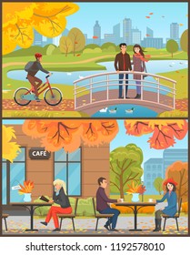 Cafe with customers sitting outside set vector. Couple drinking hot tea or coffee, woman and menu. Cyclist with helmet riding bicycle, bridge and lake