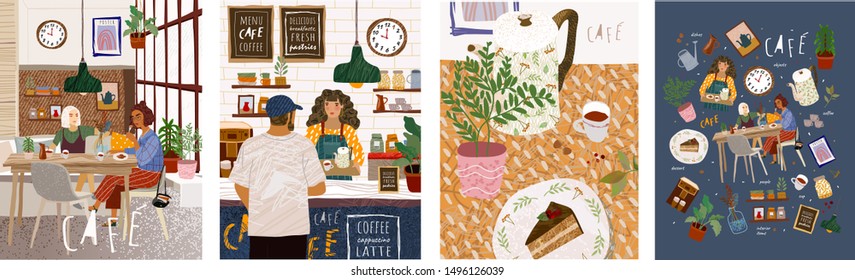 Cafe. Cute vector illustration of people sitting in a restaurant, a man making an order in a bar, a table with food in the kitchen and many objects on a cafe theme. Drawings for poster or background  
