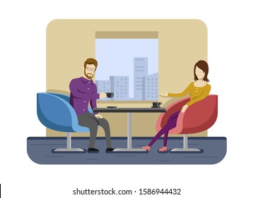 Cafe. Cute vector illustration of people. Two people sitting in a cafe chatting and drinking coffee. Drawings for poster or background. Vector flat style