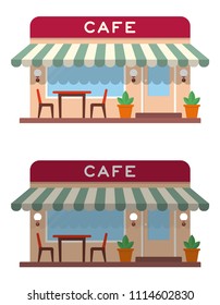 Cafe daytime and night. Set of two coffee houses in sunny and moonlit lighting with lamps. Flat style. Vector illustration isolated on white background.