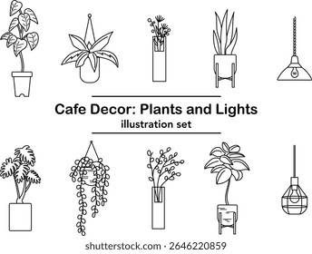Cafe decor illustration set with indoor plants and pendant lights in simple line art style. Potted greenery, hanging planters, minimalist black and white vector elements