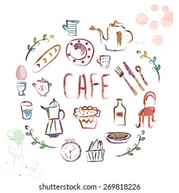 Cafe design elements - watercolor style 