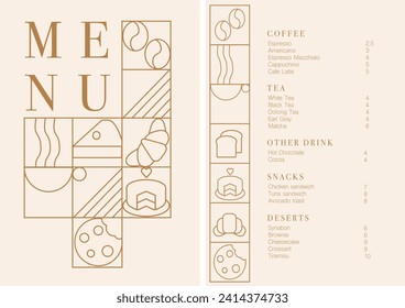 Cafe design menu. Coffee drinks menu price list for cafe, coffee shop vector template. Coffee linear print. Pattern with coffee theme in geometric minimalistic style. 