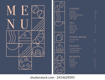 Cafe design menu. Coffee drinks menu price list for cafe, coffee shop vector template. Coffee linear print. Pattern with coffee theme in geometric minimalistic style. 