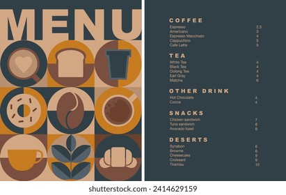 Cafe design menu. Coffee drinks menu price list for cafe, coffee shop vector template. Pattern with coffee theme in geometric minimalistic style. 