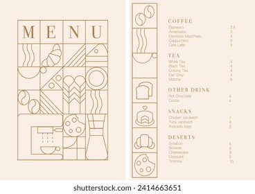 Cafe design menu. Coffee drinks menu price list for cafe, coffee shop vector template. Coffee linear print. Pattern with coffee theme in geometric minimalistic style. 