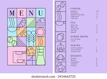 Menú de diseño de café. Lista de precios del menú de bebidas de café para café, plantilla de vector de cafetería. Impresión lineal del café. Patrón con tema de café en estilo minimalista geométrico. 